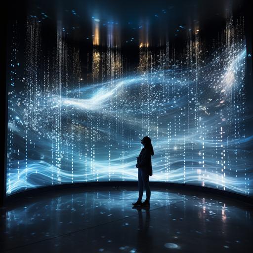 a digital wall made of an interactive screen, with a person leaning against it, causing light waves, like water moving around the person