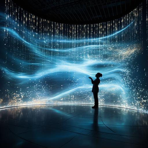 a digital wall made of an interactive screen, with a person leaning against it, causing light waves, like water moving around the person