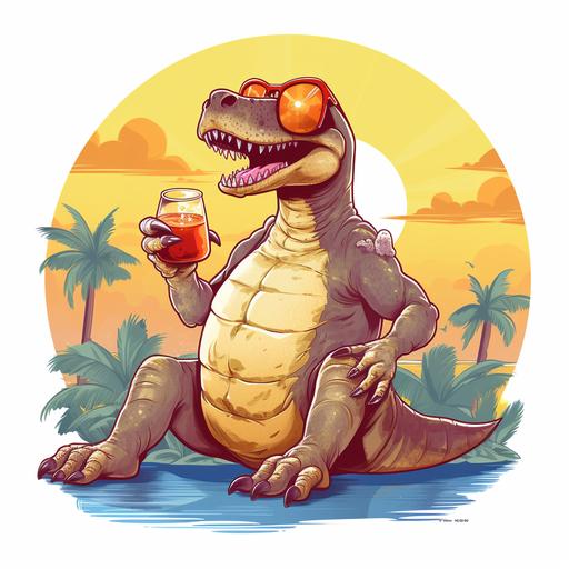 a dino chilling in the sun with a beer, cartoon, logo