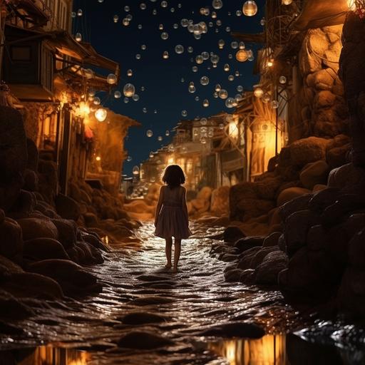 a dirt street decorated with shiny stones and a girl walking on it