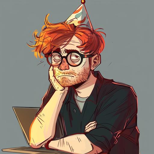 a disheveled designer with glasses, red hair, in a birthday hat, he is dissatisfied, crossed his arms over his chest, tired, comic book format --v 6.0