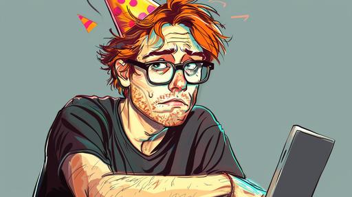 a disheveled designer with glasses, red hair, in a birthday hat, he is dissatisfied, crossed his arms over his chest, tired, comic book format --ar 16:9 --v 6.0