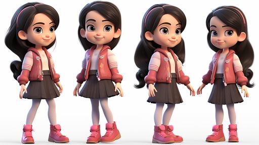 a disney style lively ittle girl,5 years old,character concept ,multiple pose and expressions,pixar animation,exuding childlike charm,A smart little girl, thin and slender, with long black hair tied into a high ponytail, lively and cute., bright eyes, a warm smile, Wearing a cute pink skirt with a tiny jacket. Wear little leather boots for adventure. She always carries a small notebook and pencil with her to record her findings and thoughts. --ar 16:9 --v 5.2