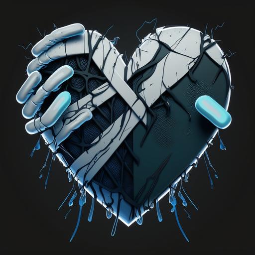 a disorted ultrarealistic heart with bandages in black white and saturated blue, 4k, cyberpunk, no backround