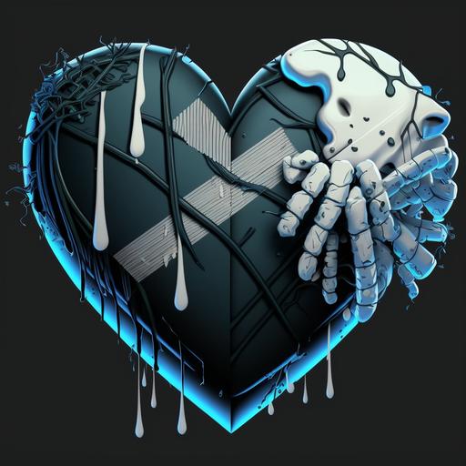 a disorted ultrarealistic heart with bandages in black white and saturated blue, 4k, cyberpunk, no backround, --s 250