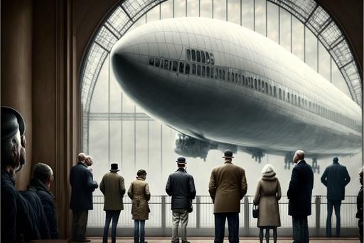 a displaced Hindenberg zeppelin at a modern airport, tourists looking trough the glass in the departure hall, --ar 3:2