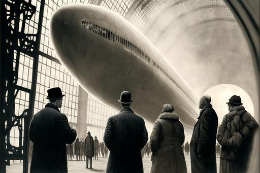 a displaced Hindenberg zeppelin at a modern airport, tourists looking trough the glass in the departure hall, --ar 3:2