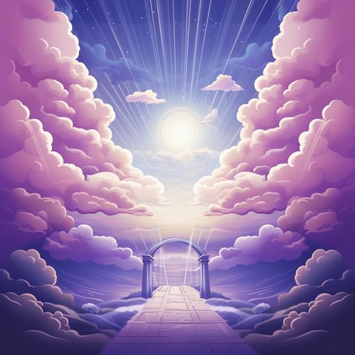 a distant view of a view from the gate of heaven there are purple light beams through the clouds 2D illlustration cartoon style