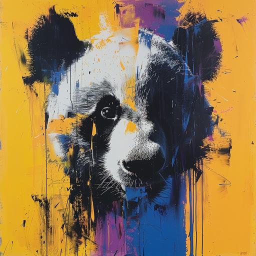 a distorted image of a panda, acrylic painting, grunge, yellow blue and purple colors behind it. --c 8 --s 333 --v 6.0