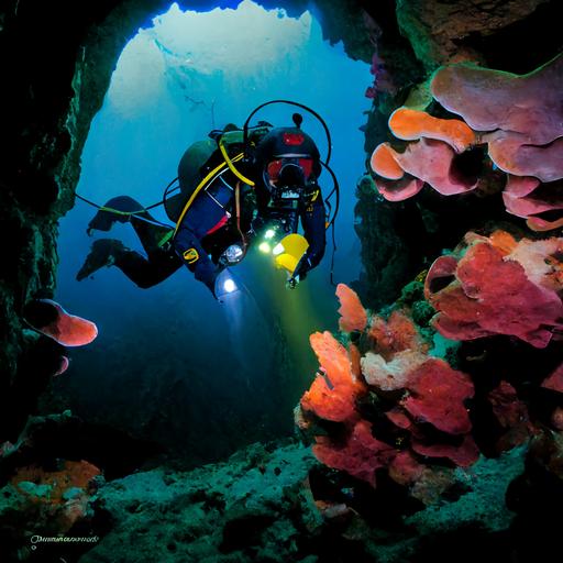 a diver, clad in a sleek black wetsuit, gracefully gliding through the water with a rebreather on their back. The diver is equipped with a high-tech scouter, scanning the dark depths of the cave they are exploring. The cave walls are adorned with vibrant coral and schools of colorful fish. As the diver moves further into the cave, they come across an ancient rock formation, etched with mysterious markings. The diver takes a moment to examine the formation before continuing on their journey, navigating through the cave's twists and turns with skill and precision. In the background, one can see the cave line, marking the boundary of the explored area and the unexplored depths beyond, black background, full face mask