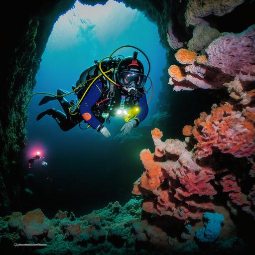 a diver, clad in a sleek black wetsuit, gracefully gliding through the water with a rebreather on their back. The diver is equipped with a high-tech scouter, scanning the dark depths of the cave they are exploring. The cave walls are adorned with vibrant coral and schools of colorful fish. As the diver moves further into the cave, they come across an ancient rock formation, etched with mysterious markings. The diver takes a moment to examine the formation before continuing on their journey, navigating through the cave's twists and turns with skill and precision. In the background, one can see the cave line, marking the boundary of the explored area and the unexplored depths beyond, black background, full face mask