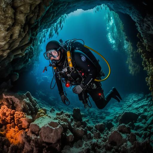 a diver, clad in a sleek black wetsuit, gracefully gliding through the water with a rebreather on their back. The diver is equipped with a high-tech scouter, scanning the dark depths of the cave they are exploring. The cave walls are adorned with vibrant coral and schools of colorful fish. As the diver moves further into the cave, they come across an ancient rock formation, etched with mysterious markings. The diver takes a moment to examine the formation before continuing on their journey, navigating through the cave's twists and turns with skill and precision. In the background, one can see the cave line, marking the boundary of the explored area and the unexplored depths beyond.