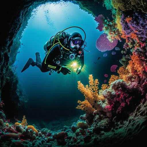 a diver, clad in a sleek black wetsuit, gracefully gliding through the water with a rebreather on their back. The diver is equipped with a high-tech scouter, scanning the dark depths of the cave they are exploring. The cave walls are adorned with vibrant coral and schools of colorful fish. As the diver moves further into the cave, they come across an ancient rock formation, etched with mysterious markings. The diver takes a moment to examine the formation before continuing on their journey, navigating through the cave's twists and turns with skill and precision. In the background, one can see the cave line, marking the boundary of the explored area and the unexplored depths beyond.