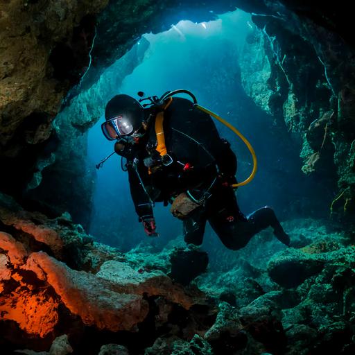 a diver, clad in a sleek black wetsuit, gracefully gliding through the water with a rebreather on their back. The diver is equipped with a high-tech scouter, scanning the dark depths of the cave they are exploring. The cave walls are adorned with vibrant coral and schools of colorful fish. As the diver moves further into the cave, they come across an ancient rock formation, etched with mysterious markings. The diver takes a moment to examine the formation before continuing on their journey, navigating through the cave's twists and turns with skill and precision. In the background, one can see the cave line, marking the boundary of the explored area and the unexplored depths beyond.