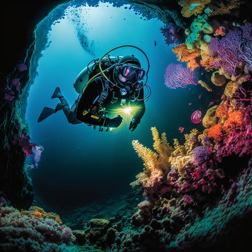 a diver, clad in a sleek black wetsuit, gracefully gliding through the water with a rebreather on their back. The diver is equipped with a high-tech scouter, scanning the dark depths of the cave they are exploring. The cave walls are adorned with vibrant coral and schools of colorful fish. As the diver moves further into the cave, they come across an ancient rock formation, etched with mysterious markings. The diver takes a moment to examine the formation before continuing on their journey, navigating through the cave's twists and turns with skill and precision. In the background, one can see the cave line, marking the boundary of the explored area and the unexplored depths beyond.