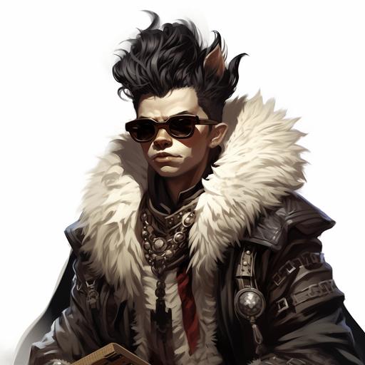 a dnd character portrait a changeling with black and white cow skin, wearing a furry robe and sporting a mohawk and sunglasses the character is Holding 2 small very sharp asymmetrical daggers