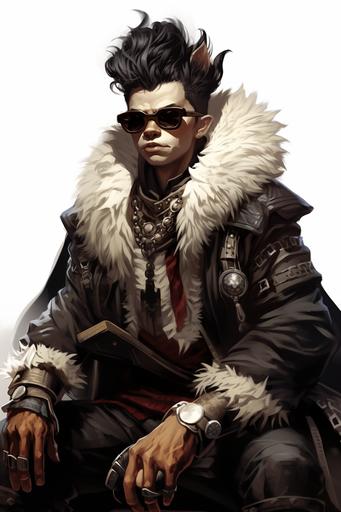 a dnd character portrait a changeling with black and white cow skin, wearing a furry robe and sporting a mohawk and sunglasses the character is Holding 2 small very sharp asymmetrical daggers