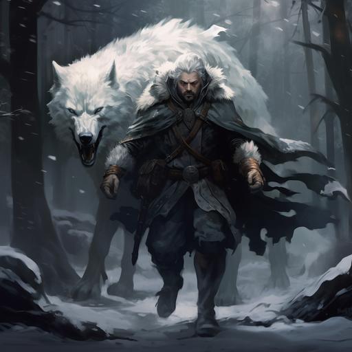 a dnd style hd art. A human man with a white wolf pelt and wolf mask striding through snowy forest in the middle of the night