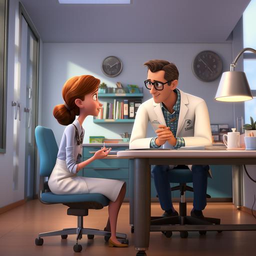 a doctor and a woman in a medical office. Pixar, cartoon, realistic