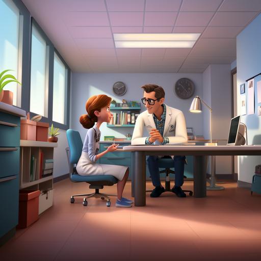 a doctor and a woman in a medical office. Pixar, cartoon, realistic