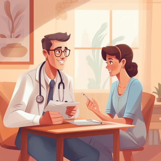 a doctor and his patient in a medical office. cartoon type drawing