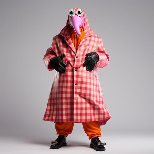 a doctor in a pink checker coat wearing a latex walrus mask with orange gloves and black boots, white background, futuristic, smiley face