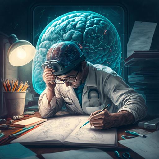 a doctor studying hard inside the brain place with interest, emotional and looking tired ,excessive details --v 4