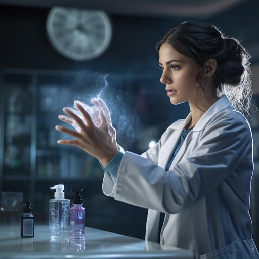 a doctor uses right hand spraying some hand sanitizer to her left hand,the style is a realistic photograph, front view, very detailed, 50mm lens in 8k