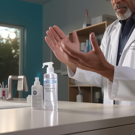 a doctor uses right hand trigger a little box of hand sanitizer to spray his left hand,the style is a realistic photograph, front view, very detailed, 50mm lens in 8k