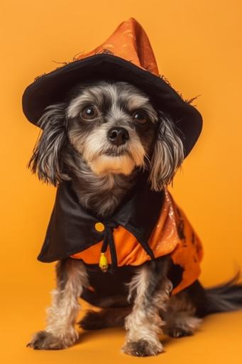 a dog in Halloween witch costumes on a yellow background in a full-length studio, professional photography ultra-realistic photo, incredibly detailed, sharpness, details --ar 2:3 --q 2 --s 750 --v 5