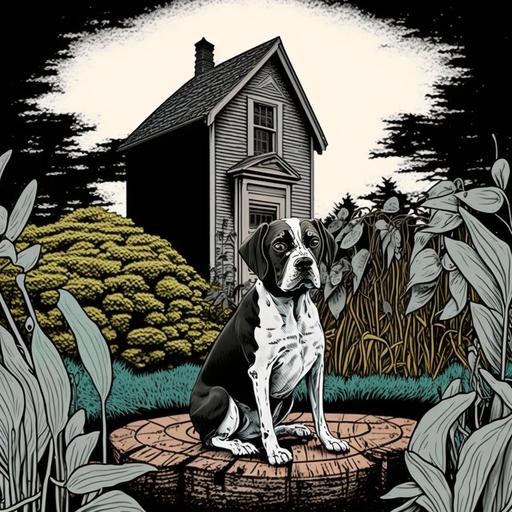 a dog in a garden in front of dog house , cartoonic ,both colored and black and white