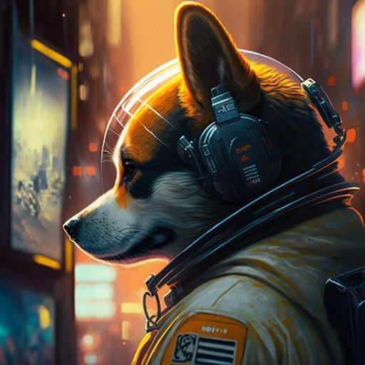 a dog in a spacesuit listening to headphones and smiling, blade runner, neon signs, china town, 8k, studio ghibli, Syd Mead, detailed, photorealistic, cyberpunk, Jon McCoy