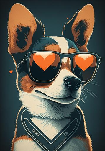 a dog is wearing sunglasses with an i love you heart, in the style of bold, cartoonish lithographs, dark white and orange, primitive figurines, black and white drawings, soft and dreamy depictions, #screenshotsaturday, whimsical cats --ar 31:44