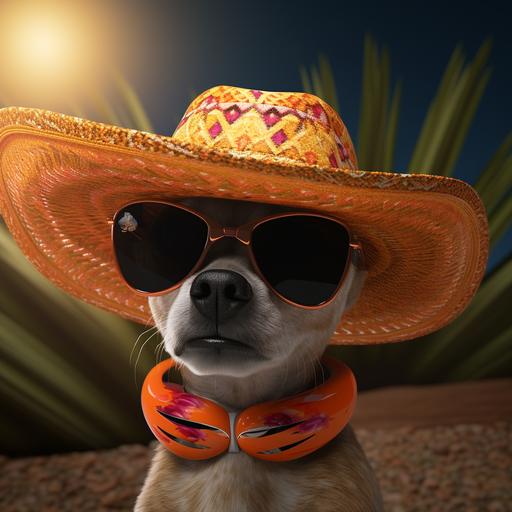 a dog with large sunglasses and wearing a sombrero, c4d cartoon render --v 5.2