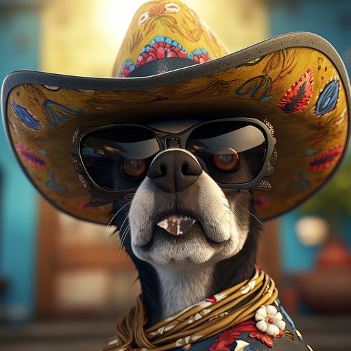 a dog with large sunglasses and wearing a sombrero, c4d cartoon render --v 5.2