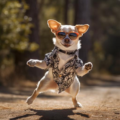 a dog with sunglasses that dances on his two backlegs