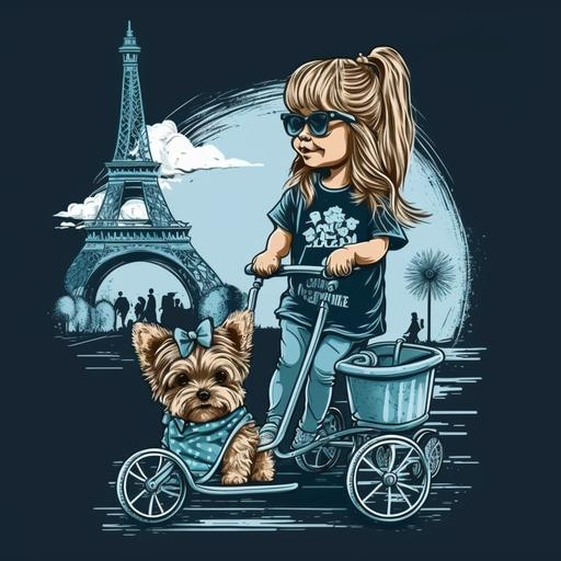 a dog yorkie riding in a stroller with a girl pushing, foot prints on the road going to eiffel tower, cartoon style, hd