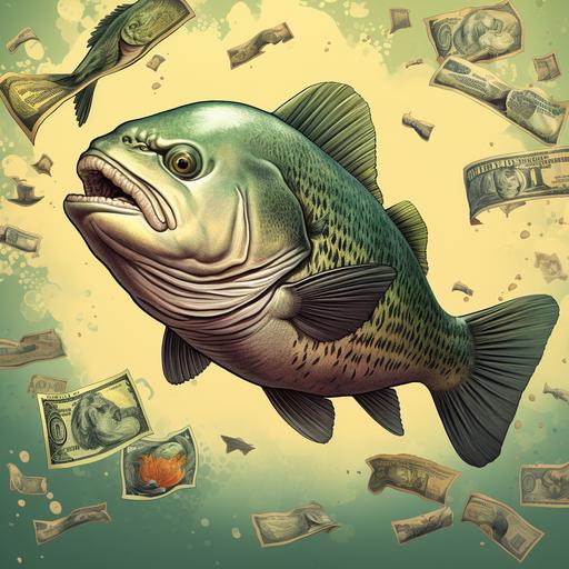 a dollar bill but george washington is fish! cartoon style