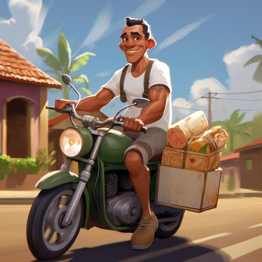 a dominican man in a motorcycle, he is wearing a white tank top and he is delivering some food, pixar style