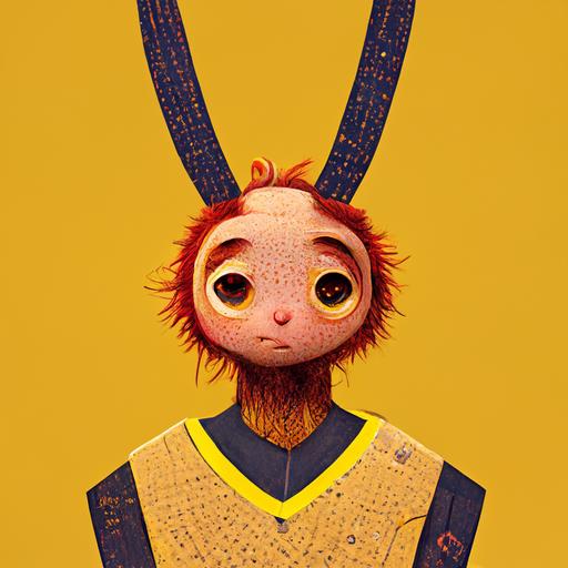 a donkey basketball player, red hair, big eyes, full body, cartoon character, pixar style, detailed, wearing golden chains, with a fly swatter on his lap, yellow background fractal