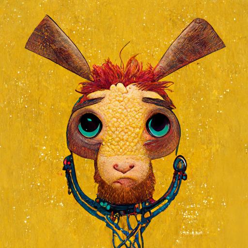 a donkey basketball player, red hair, big eyes, full body, cartoon character, pixar style, detailed, wearing golden chains, with a fly swatter on his lap, yellow background fractal
