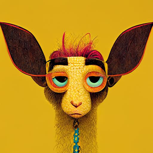 a donkey basketball player, red hair, big eyes, full body, cartoon character, pixar style, detailed, wearing golden chains, with a fly swatter on his lap, yellow background fractal