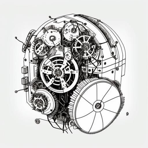 , , , , a doodle coloring book style of a minimalistic harmonious drawing of a black and white antikythera mechanism analog quantum computer merging with a realistic brain patent sketch, one vectorized line style::5 2D, in profile, artistic view, exploded view, stylized, simple, no details