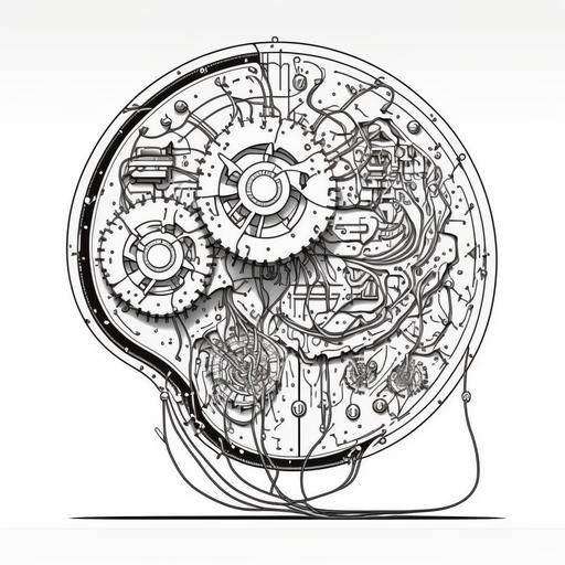 , , , , a doodle coloring book style of a minimalistic harmonious drawing of a black and white antikythera mechanism analog quantum computer merging with a realistic brain patent sketch, one vectorized line style::5 2D, in profile, artistic view, exploded view, stylized, simple, no details