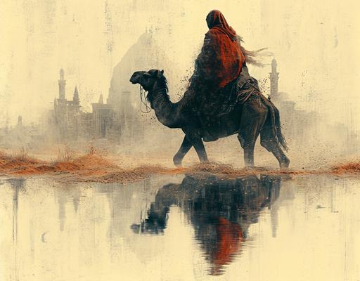 a double exposure effect that combines a Saudi riding a black camel running and the stormy Desert, set against a gradient white background. The knight and black camel should also be reflected on the sand. The image should evoke a sense of surrealism and fantasy, with an elegant and minimalist aesthetic. professional shot, highly detailed photograph, 128k, highly detailed --ar 128:100 --stylize 1000 --v 6.0