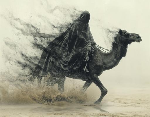 a double exposure effect that combines a Saudi riding a black camel running and the stormy Desert, set against a gradient white background. The knight and black camel should also be reflected on the sand. The image should evoke a sense of surrealism and fantasy, with an elegant and minimalist aesthetic. professional shot, highly detailed photograph, 128k, highly detailed --ar 128:100 --stylize 1000 --v 6.0