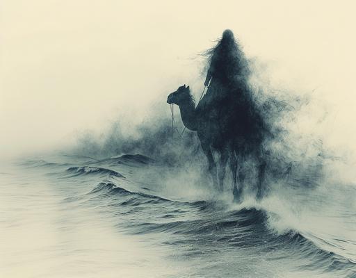 a double exposure effect that combines a ghost knight riding a black camel running and the stormy sea, set against a gradient white background. The knight and black camel should also be reflected on the sea. The image should evoke a sense of surrealism and fantasy, with an elegant and minimalist aesthetic. professional shot, highly detailed photograph, 128k, highly detailed --ar 128:100 --stylize 1000 --v 6.0