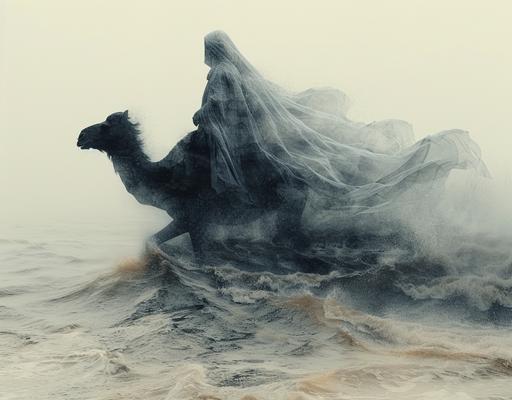a double exposure effect that combines a ghost knight riding a black camel running and the stormy sea, set against a gradient white background. The knight and black camel should also be reflected on the sea. The image should evoke a sense of surrealism and fantasy, with an elegant and minimalist aesthetic. professional shot, highly detailed photograph, 128k, highly detailed --ar 128:100 --stylize 1000 --v 6.0