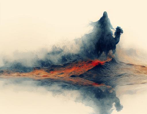 a double exposure effect that combines a ghost knight riding a black camel running and the stormy sea, set against a gradient white background. The knight and black camel should also be reflected on the sea, blue, gold and red gradients. The image should evoke a sense of surrealism and fantasy, with an elegant and minimalist aesthetic. professional shot, highly detailed photograph, 128k, highly detailed --ar 128:100 --stylize 1000 --v 6.0