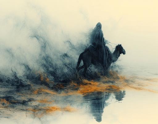 a double exposure effect that combines a ghost knight riding a black camel running and the stormy sea, set against a gradient white background. The knight and black camel should also be reflected on the sea, blue, and gold gradients. The image should evoke a sense of surrealism and fantasy, with an elegant and minimalist aesthetic. professional shot, highly detailed photograph, 128k, highly detailed --ar 128:100 --stylize 1000 --v 6.0